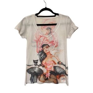 Vintage Bettie Page Olivia De Berardinis Retro Pin Up Graphic V-Neck Tee T-Shirt